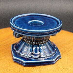 Rare Vintage Handmade Ceramic Blue Glazed Pedestal Candle Holder Plant Stand